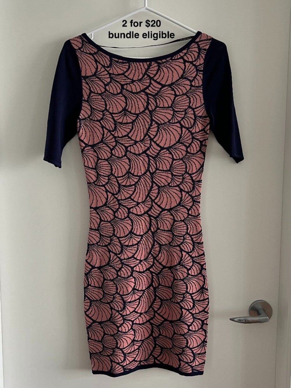 Vero Moda Fan Knit Dress Navy Pink Jacquard Metallic Thread Fitted Size XS/S